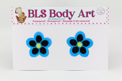 Product Image - Neon Blue/Black Daisy Glitter Pasties in BLS Body Art packaging