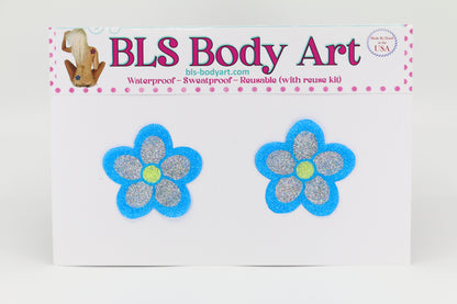 Product Image - Neon Blue/Silver Daisy Glitter Pasties in BLS Body Art packaging