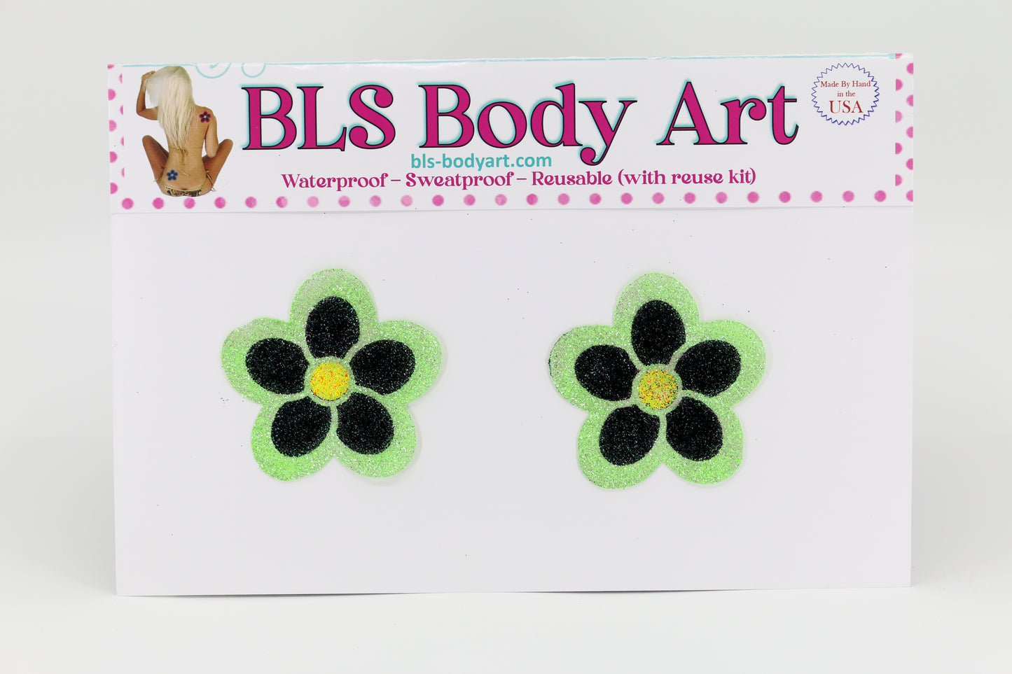 Product Image - Neon Green/Black Daisy Glitter Pasties in BLS Body Art packaging