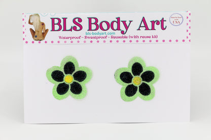 Product Image - Neon Green/Black Daisy Glitter Pasties in BLS Body Art packaging