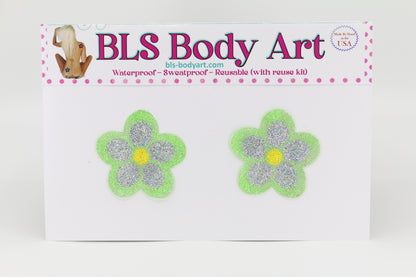 Product Image - Neon Green/Silver Daisy Glitter Pasties in BLS Body Art packaging