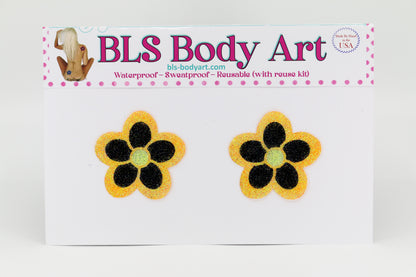 Product Image - Neon Orange/Black Daisy Glitter Pasties in BLS Body Art packaging