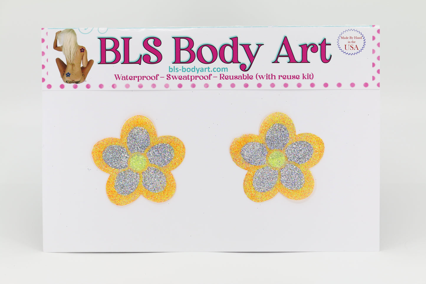 Product Image - Neon Orange/Silver Daisy Glitter Pasties in BLS Body Art packaging