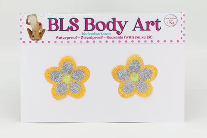 Product Image - Neon Orange/Silver Daisy Glitter Pasties in BLS Body Art packaging