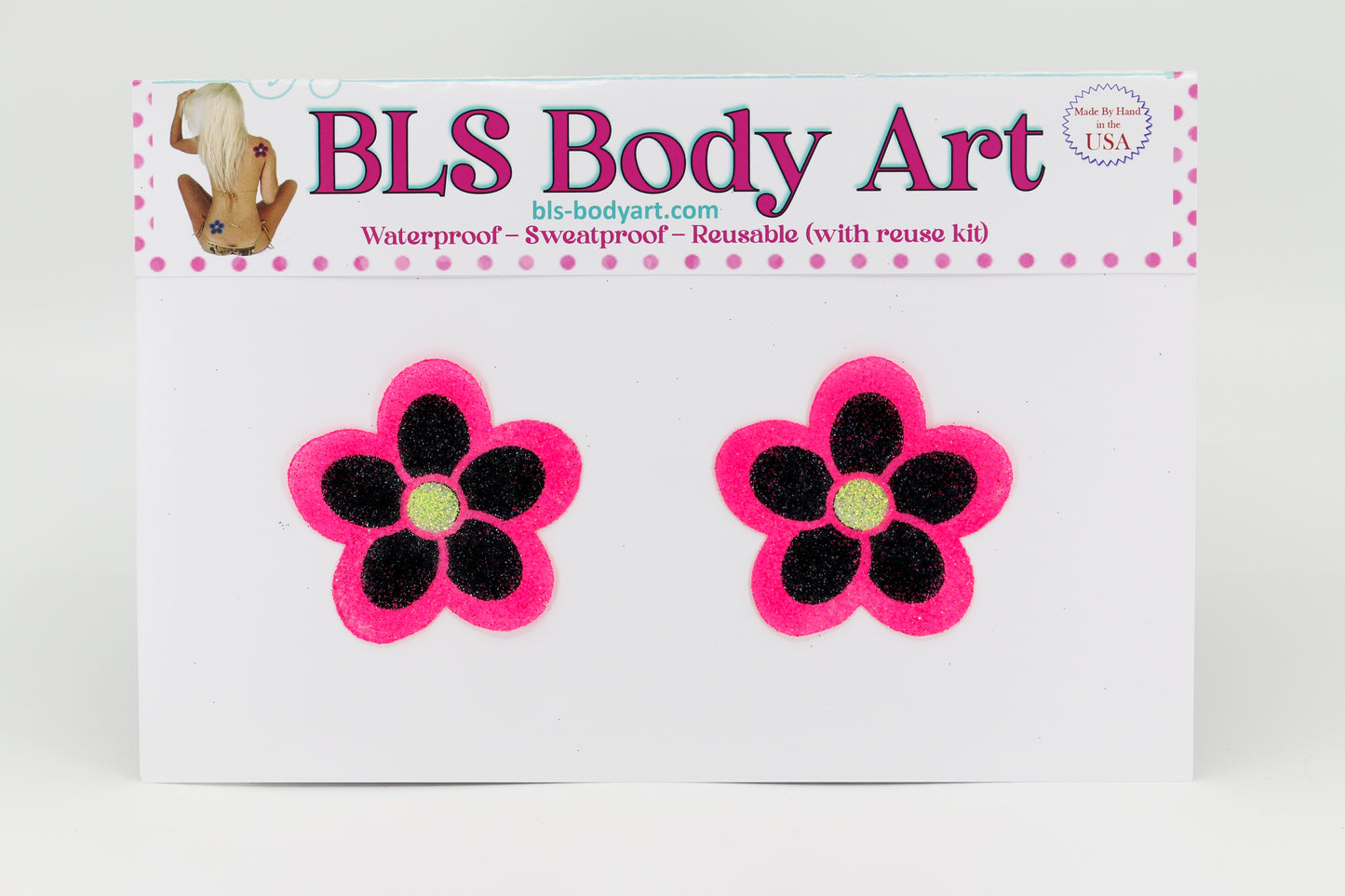 Product Image - Neon Pink/Black Daisy Glitter Pasties in BLS Body Art packaging