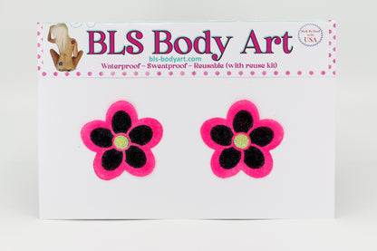 Product Image - Neon Pink/Black Daisy Glitter Pasties in BLS Body Art packaging