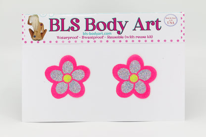 Product Image - Neon Pink/Silver Daisy Glitter Pasties in BLS Body Art packaging