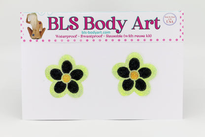 Product Image - Neon Yellow/Black Daisy Glitter Pasties in BLS Body Art packaging