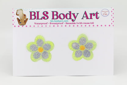 Product Image - Neon Yellow/Silver Daisy Glitter Pasties in BLS Body Art packaging
