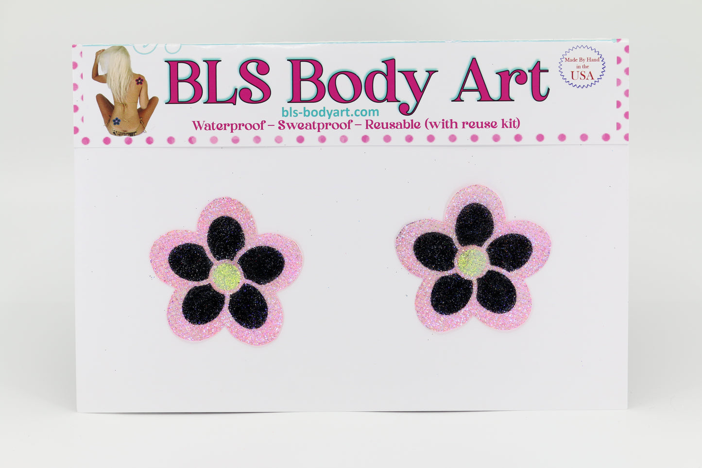 Product Image - Pink/Black Daisy Glitter Pasties in BLS Body Art packaging