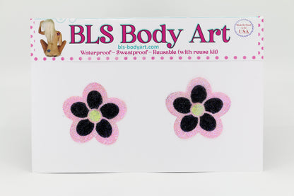 Product Image - Pink/Black Daisy Glitter Pasties in BLS Body Art packaging