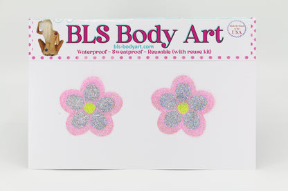 Product Image - Pink/Silver Daisy Glitter Pasties in BLS Body Art packaging
