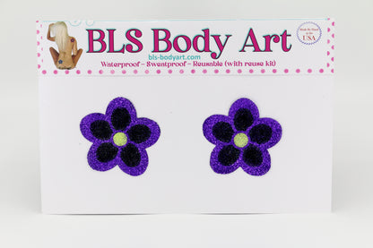 Product Image - Purple/Black Daisy Glitter Pasties in BLS Body Art packaging
