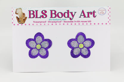 Product Image - Purple/Silver Daisy Glitter Pasties in BLS Body Art packaging