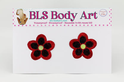 Product Image - Red/Black Daisy Glitter Pasties in BLS Body Art packaging