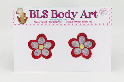 Product Image - Red/Silver Daisy Glitter Pasties in BLS Body Art packaging