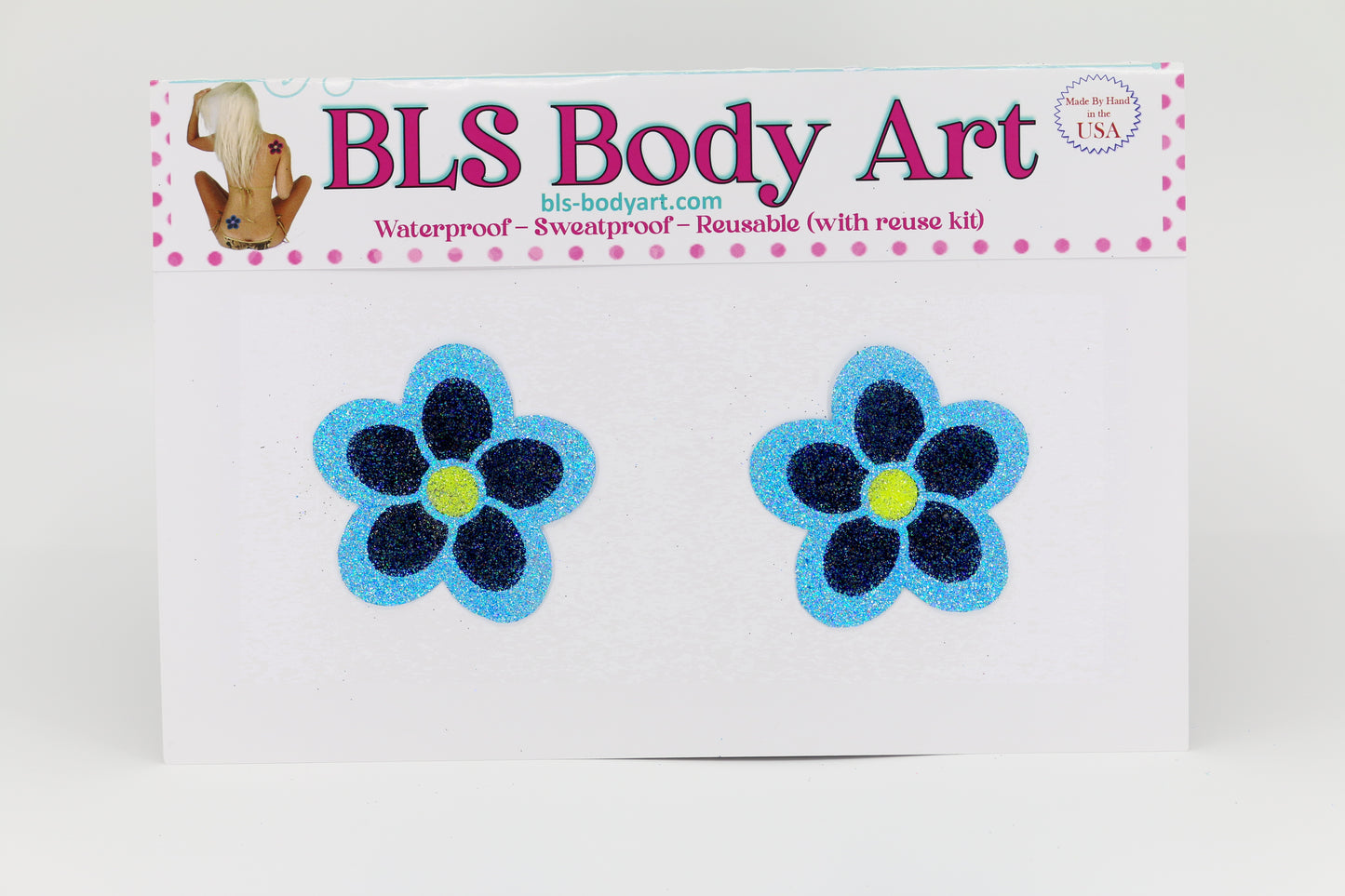 Product Image - Sky Blue/Black Small Daisy Glitter Pasties in BLS Body Art packaging