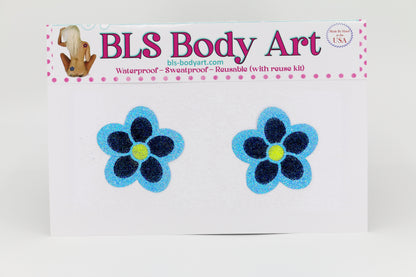 Product Image - Sky Blue/Black Small Daisy Glitter Pasties in BLS Body Art packaging
