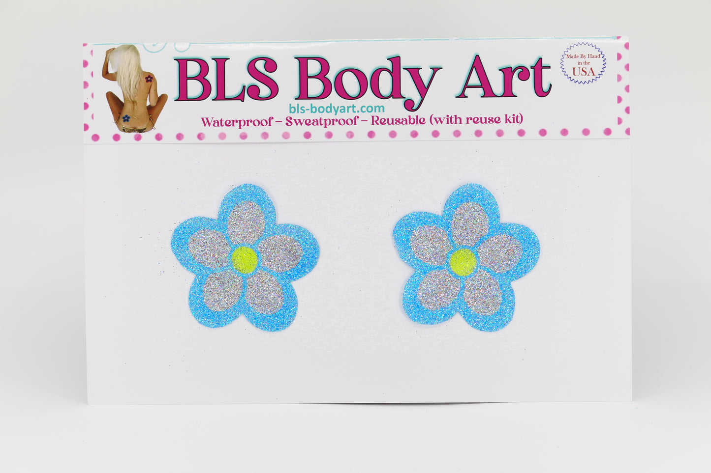 Product Image - Sky Blue/Silver Small Daisy Glitter Pasties in BLS Body Art packaging