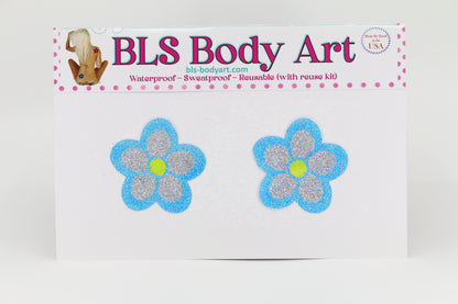 Product Image - Sky Blue/Silver Small Daisy Glitter Pasties in BLS Body Art packaging