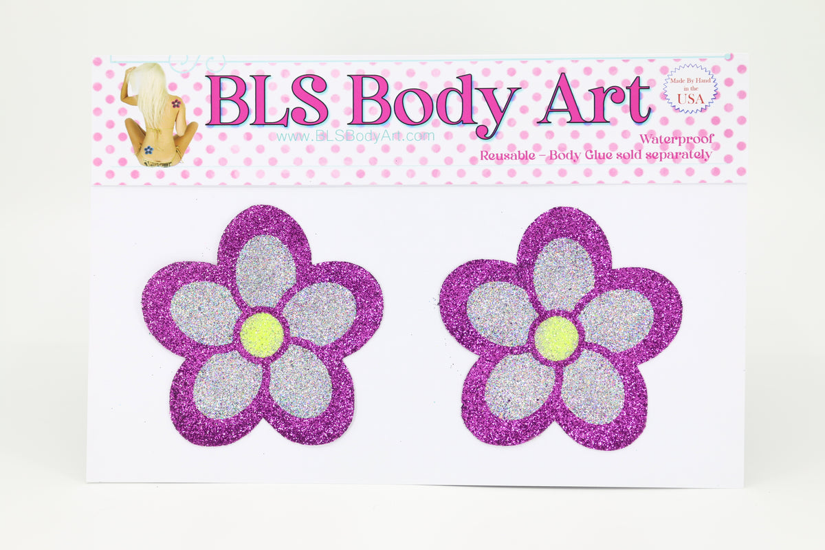 Product Image - Magenta / Silver Daisy Glitter Pasties in BLS Body Art packaging