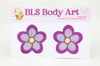 Product Image - Magenta / Silver Daisy Glitter Pasties in BLS Body Art packaging