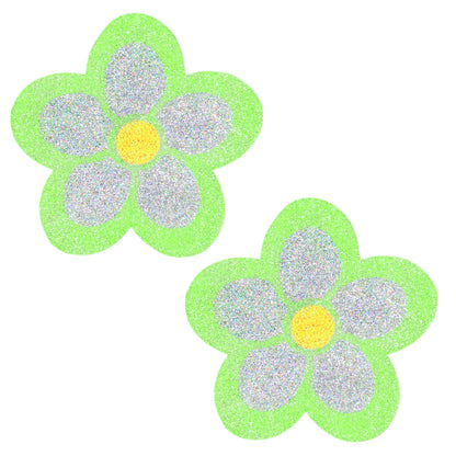 BLS Body Art Waterproof Neon Green / Silver Daisy Glitter Pasties