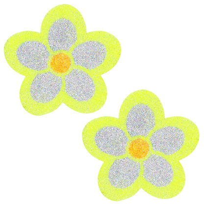 BLS Body Art Waterproof Neon Yellow / Silver Daisy Glitter Pasties