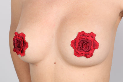 Model Image - Red Rose Embroidered Pasties applied to female model