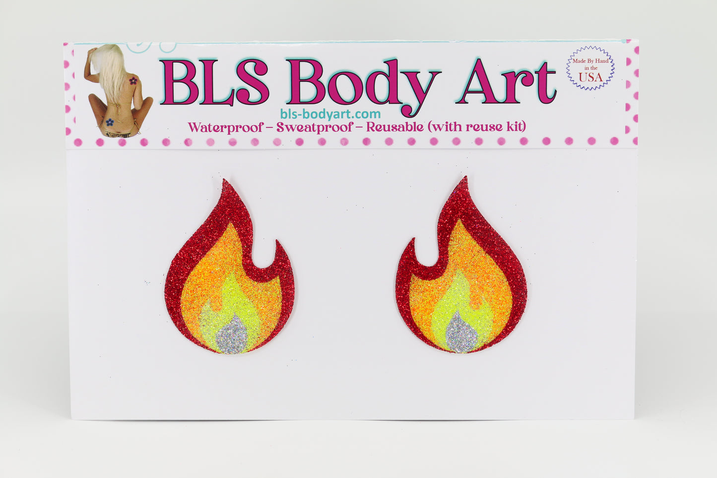 Product Image - Fire Flame Glitter Pasties in BLS Body Art packaging