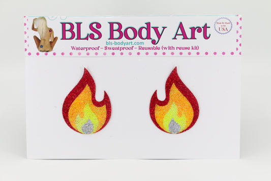 Product Image - Fire Flame Glitter Pasties in BLS Body Art packaging