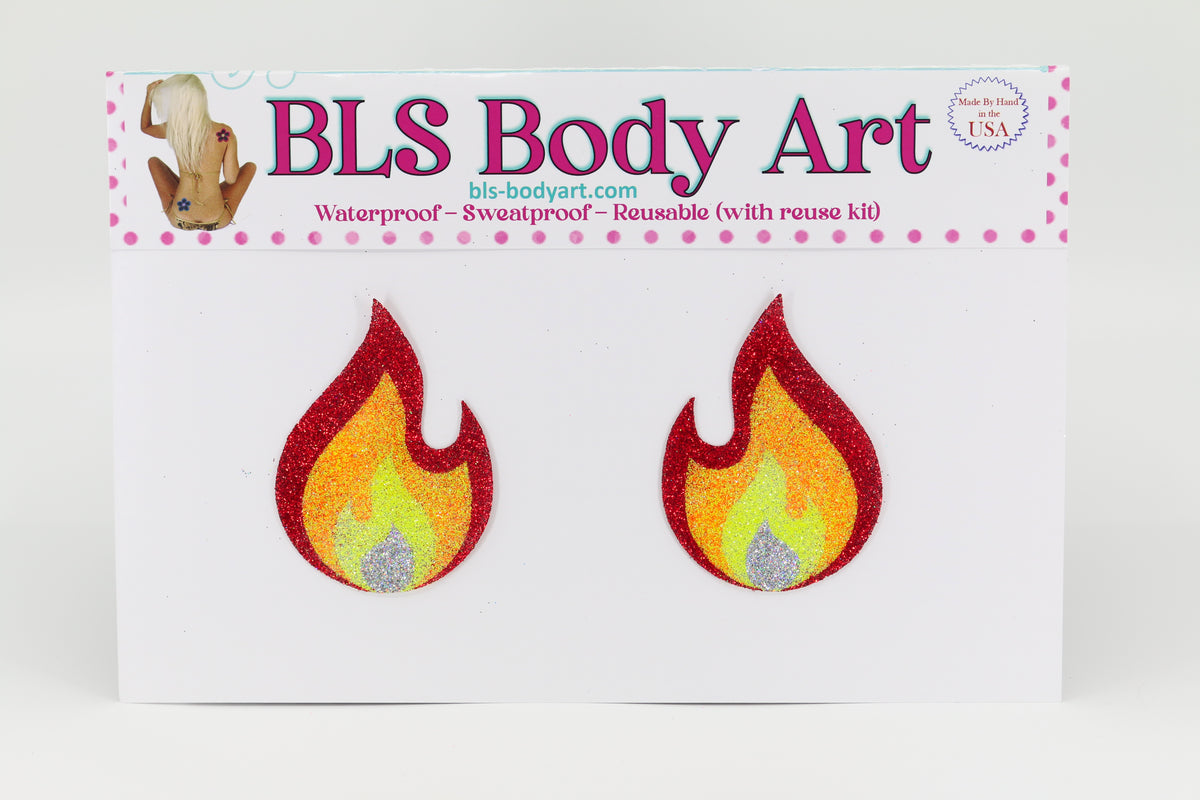 Product Image - Fire Flame Glitter Pasties in BLS Body Art packaging