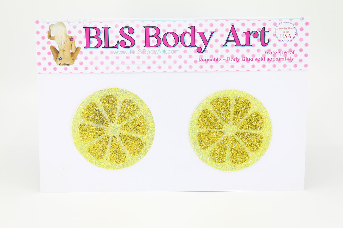 Product Image - Yellow Lemon Fruit Slice Glitter Pasties in BLS Body Art packaging