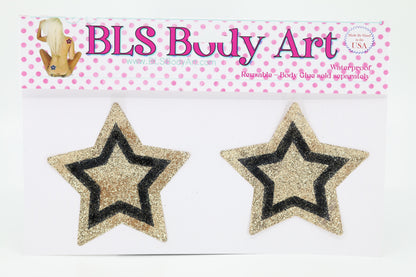 Product Image - Gold/Black Star Glitter Pasties in BLS Body Art packaging