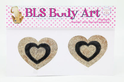 Product Image - Gold/Black Heart Glitter Pasties in BLS Body Art packaging