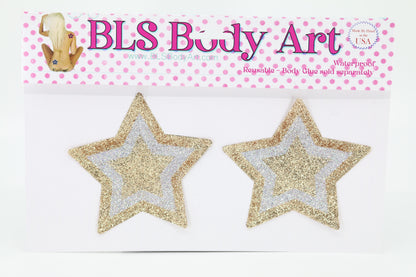 Product Image - Gold/Silver Star Glitter Pasties in BLS Body Art packaging