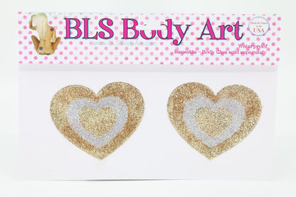 Product Image - Gold/Silver Heart Glitter Pasties in BLS Body Art packaging