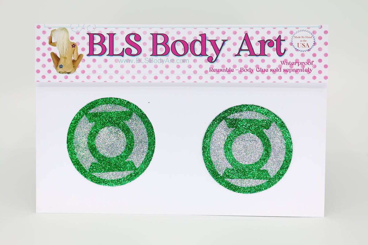 Product Image - Green Light Hero Glitter Pasties in BLS Body Art packaging