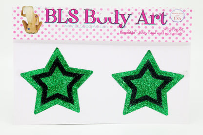 Product Image - Green/Black Star Glitter Pasties in BLS Body Art packaging