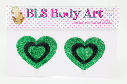 Product Image - Green/Black Heart Glitter Pasties in BLS Body Art packaging