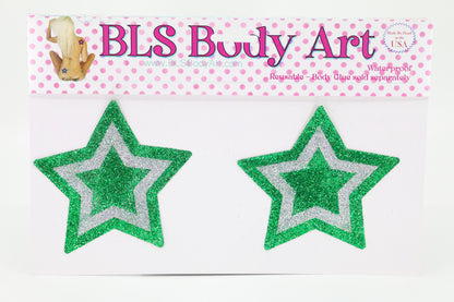 Product Image - Green/Silver Star Glitter Pasties in BLS Body Art packaging