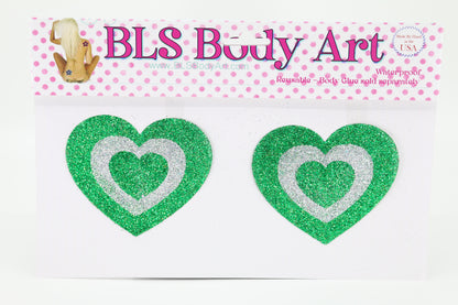 Product Image - Green/Silver Heart Glitter Pasties in BLS Body Art packaging