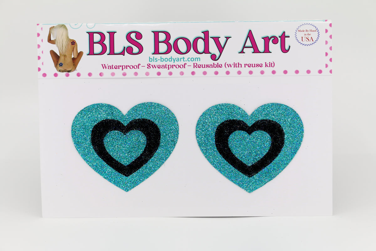 Product Image - Aqua/Black Heart Glitter Pasties in BLS Body Art packaging