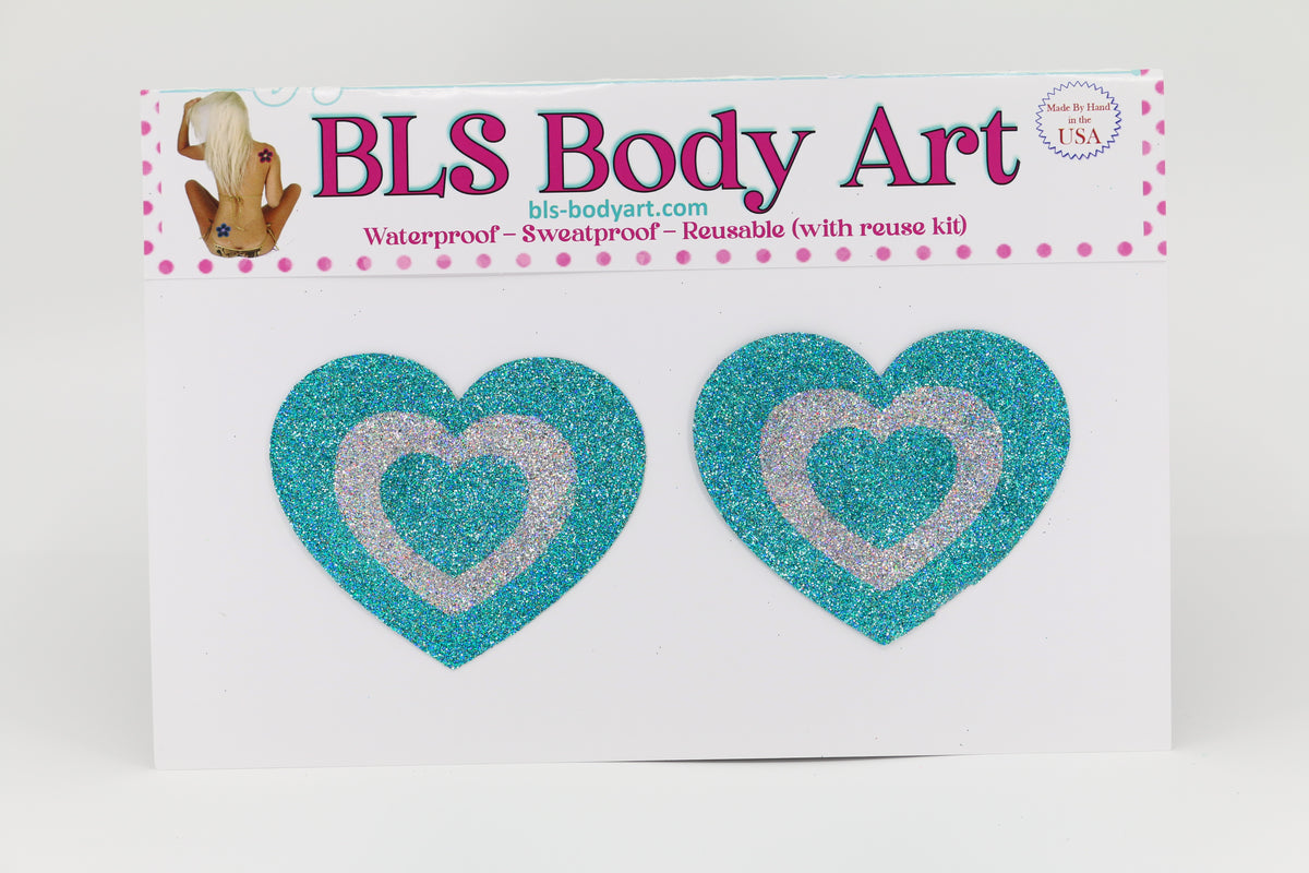 Product Image - Aqua/Silver Heart Glitter Pasties in BLS Body Art packaging