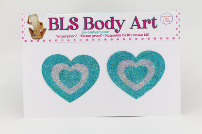 Product Image - Aqua/Silver Heart Glitter Pasties in BLS Body Art packaging