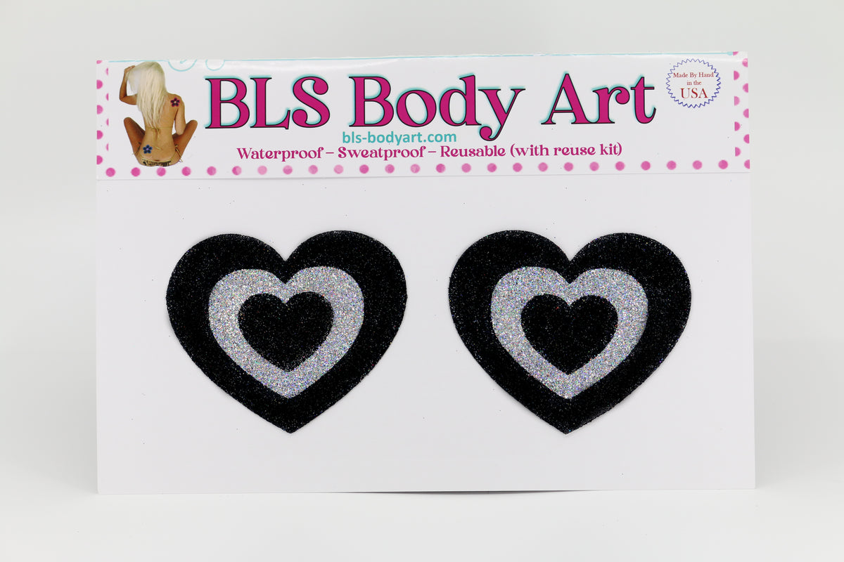 Product Image - Black/Silver Heart Glitter Pasties in BLS Body Art packaging