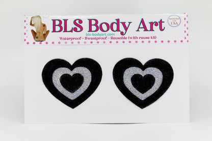 Product Image - Black/Silver Heart Glitter Pasties in BLS Body Art packaging
