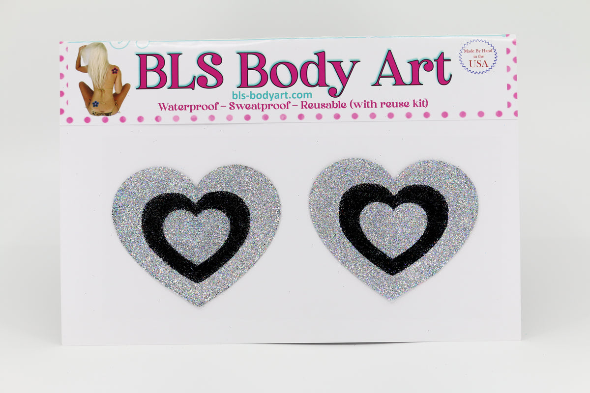Product Image - Silver/Black Heart Glitter Pasties in BLS Body Art packaging