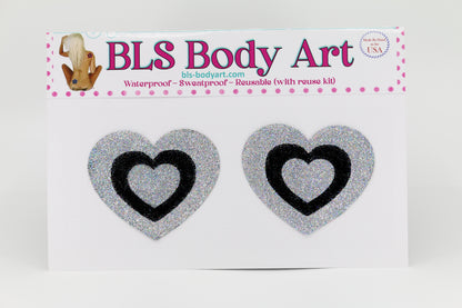 Product Image - Silver/Black Heart Glitter Pasties in BLS Body Art packaging