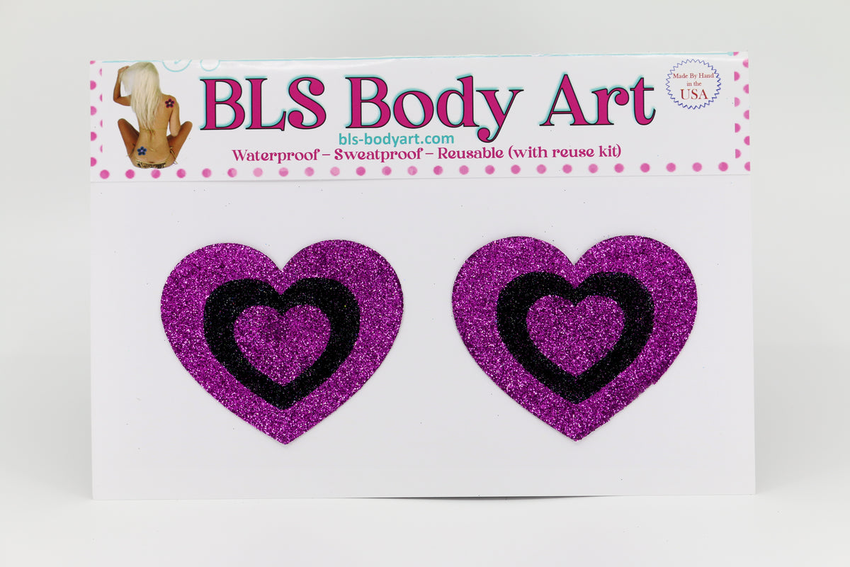 Product Image - Magenta/Black Heart Glitter Pasties in BLS Body Art packaging